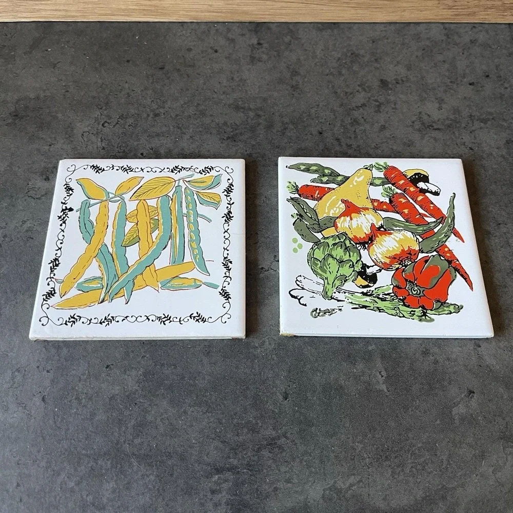 Vintage Coasters Small Trivets Vegetable Design Colorful Vibrant Set Of 2